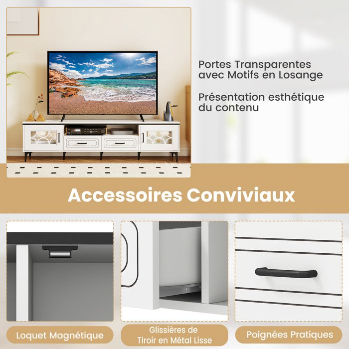 Meuble TV COSTWAY, meuble bas avec 2 portes et étagères ouvertes, meuble TV pour