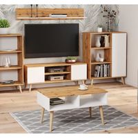 Table basse scandinave blanche - chêne de wotan avec pieds en bois – L 90 x P 50 x H 55 cm – SANDI
