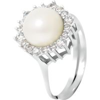 PERLINEA - Bague Véritable Perle de Culture d'Eau Douce Bouton 8-9 mm Blanc Naturel - Taille Réglable - Argent 925 - Bijou Femme