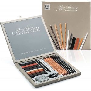 CRAYON DE COULEUR Coffret - Crayons beaux-arts - Fusain - Sanguine - Craie - Gomme - Taille-crayon - Cretacolor