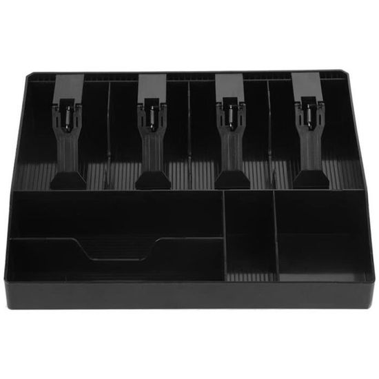 Boîte à Monnaie Walfront 32x27cm - Tiroir Caisse Enregistreuse Robuste Avec 4 Compartiments Billets Et 4 Pour Pièces, Clip Élastique, Noir