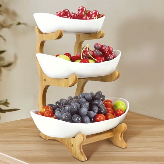 Corbeille à Fruits à 3 Étages Avec Support En Bambou - Bols En PP Alimentaire - Design "Yuan Bao" - Pour Cuisine Et Décoration