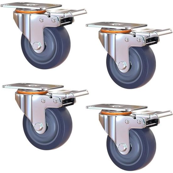 Lot De 4 Roulettes Pivotantes Industrielles – 2 Freinées + 2 Pivotantes, Capacité 1000-1100 Kg, Plaques 55x70 Mm