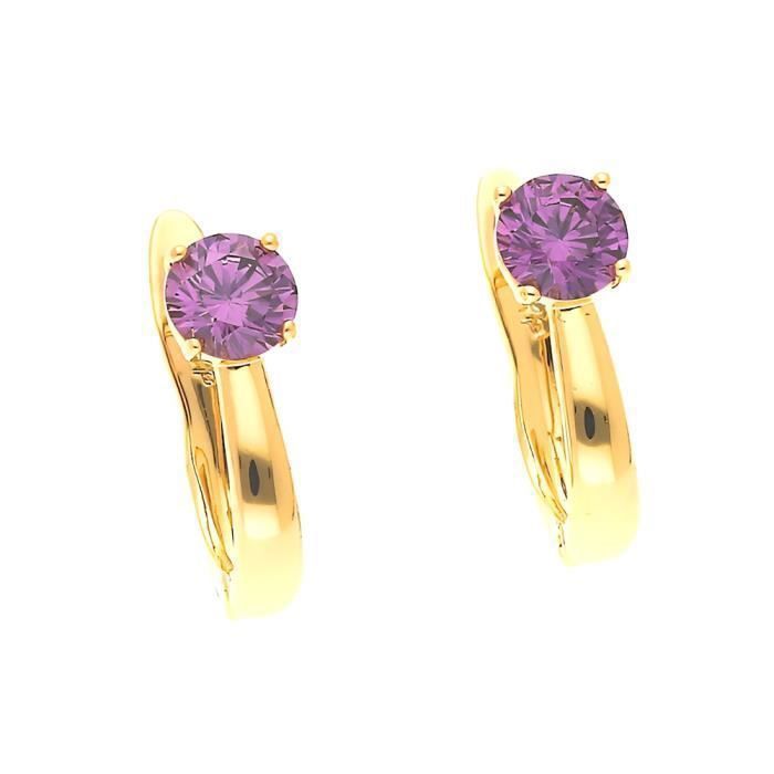 Boucles dOreilles - Femme/Enfant - Dormeuses - Solitaire - Cristal - Violet - Plaqué Or Jaune 750/1000 - 3 Microns - 15 x 10 mm