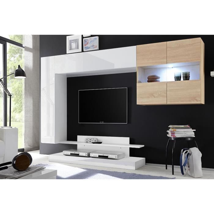 LEONTINE LAQUE BLANC AVEC VITRINE CHENE ENSEMBLE COMPOSITION MEUBLE TV TENDANCE