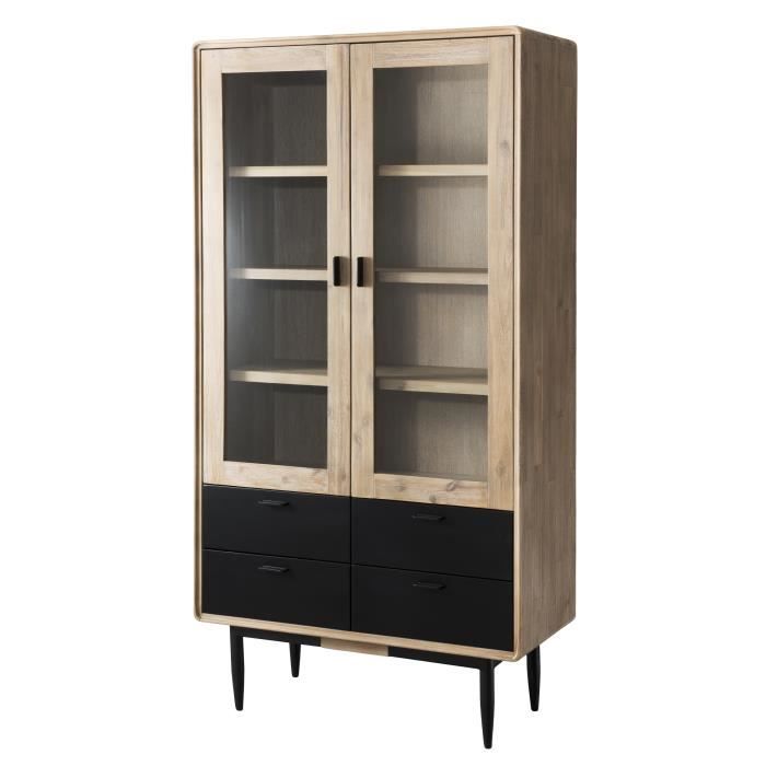 Bibliotheque Scandinave En Bois Acacia Massif Decor Chene Clair Ceruse Et Noir Pieds En Metal Noir L 100 Cm Cdiscount Maison