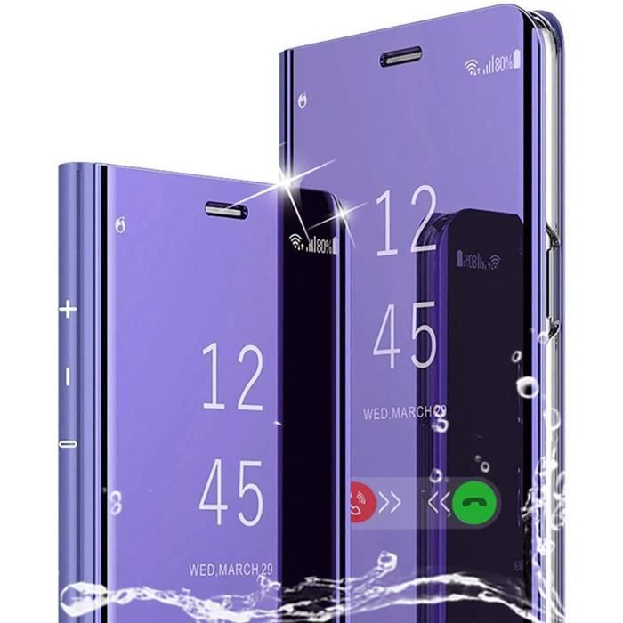 Étui Rabat Xiaomi Redmi Note 10 Pro, Violet Couleur Miroir Clear View Standing Cover Protecteur Housse en Cuir avec Support