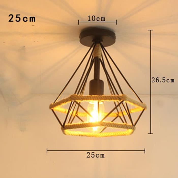 Plafonnier Industriel-Diamond Cage-Noir + Corde De Chanvre
