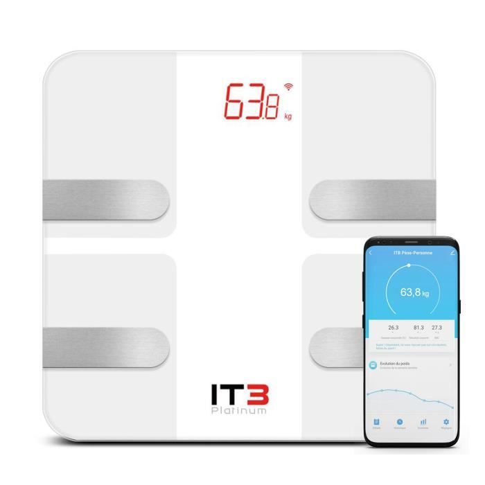 ITB Platinum Pèse-Personne Impédancemètre, Écran LED, Rechargeable USB, Wi-Fi, Balance connectée, analyse de 12 indices corporelles