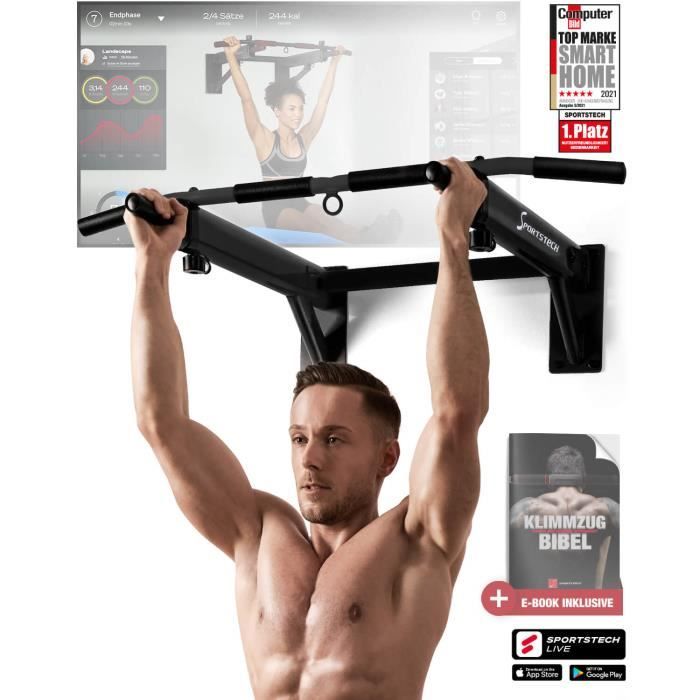 Sportstech Barre de Traction Fixation Murale KS300 - 300kg - 3 anneaux, TRX, Punching-Ball, élingues - poignées antidérapantes