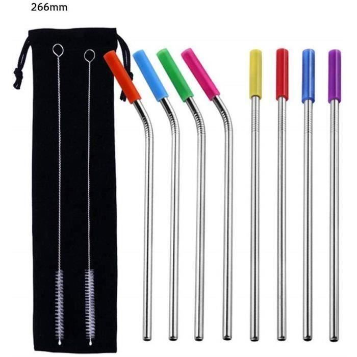 Paille INOX Enfant Pliable, Pailles Réutilisables Lot De 8 Acier Inoxydable Pailles avec Brosse de Nettoyage Convient pour Famille