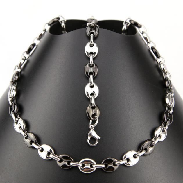 Collier et bracelet grain de café noir acier PRS9