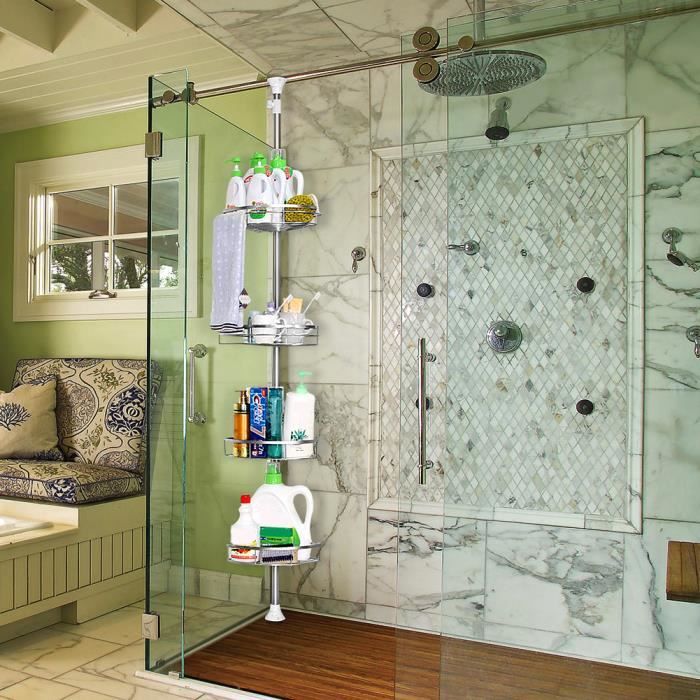 Etagère de Douche Télescopique en Acier Inoxydable Shampooing Savon Porte Salle de Bain d’Angle à 4 étages (110cm -280cm)