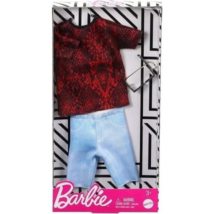 Habit Barbie - Tenue Ken : Pantacourt En Jeans Et T-Shirt Rouge Et Noir - Vetement Poupee et Mini-Poupee
