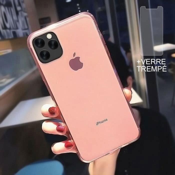 Coque iPhone 12 + Verre trempé Protection écran,Souple Silicone étui Protecteur Bumper Clair Rose