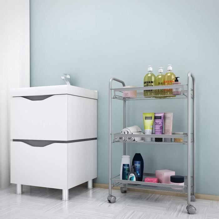 Etagere de rangement Organisation du panier 3 niveaux avec 4 roues Salle à manger/Salon/Salle de bain-Argent
