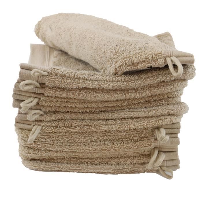 LINANDELLE - Lot de 12 gants de toilette coton bouclette unis FLEUR - Cappuccino