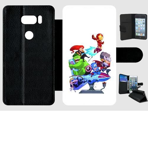 Etui à rabat lg v30 - super heros cartoon - simili-cuir - noir