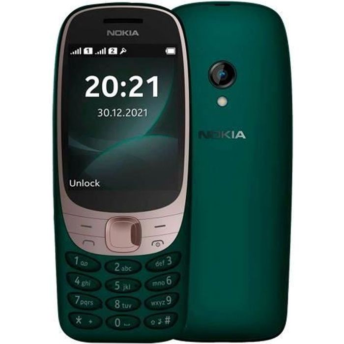 Téléphone mobile Nokia 6310 au design emblématique en finition mate vert foncé, avec un grand écran incurvé, une lisibilité et une