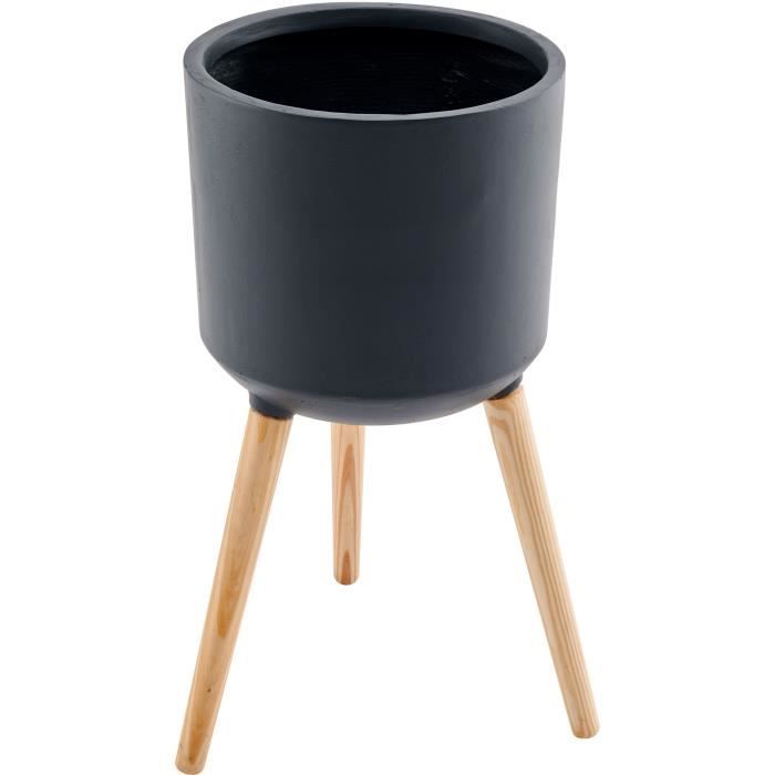 Pot de fibre de ciment avec MDF pieds en bois - 34 x 34 x 70 cm - Gris