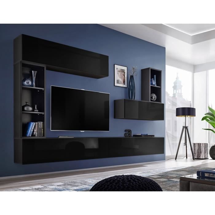 Meuble Tv Mural Design -blox I- 280cm Noir - Paris Prix