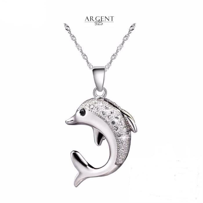 Collier Chaîne et Pendentif Dauphin Cristal Swarovski* Blanc Argent 925