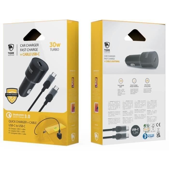 MUVIT TIGER Power charger voiture pd 30W +Cable USB C/USB C 3.1 gen1 - 1.2m