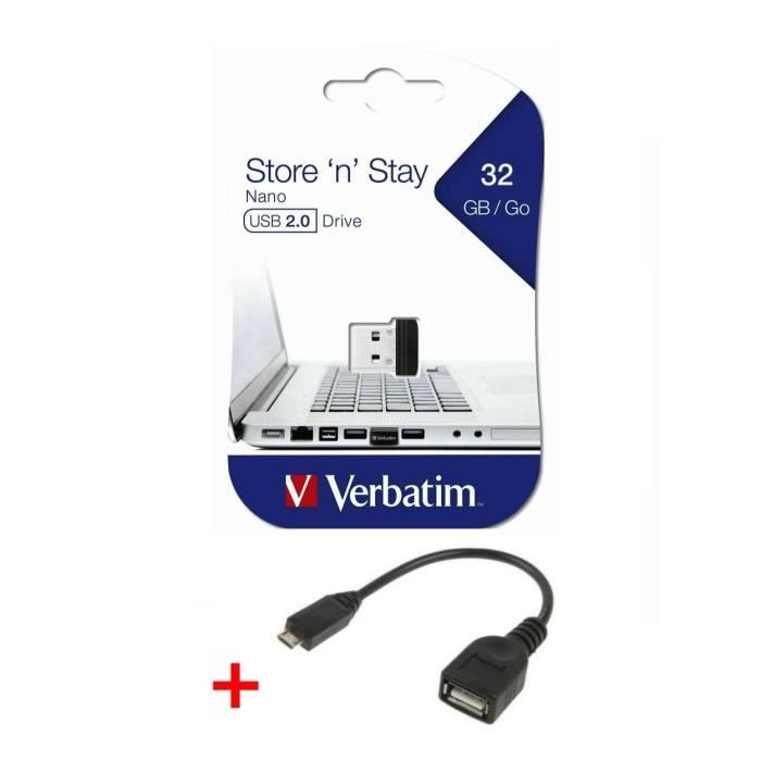 Cle USB 32 Go Verbatim Nano Store N Stay clef USB 32Go 2.0 + câble adaptateur OTG Micro USB