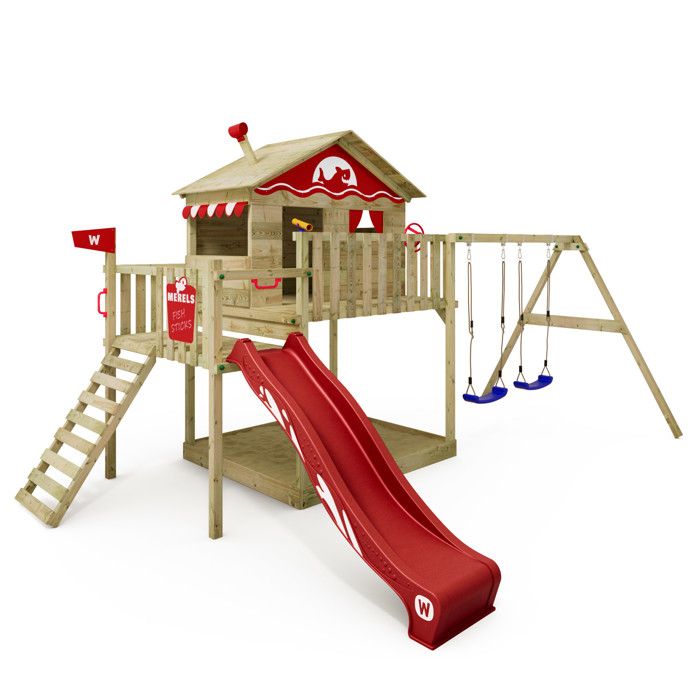 WICKEY Aire de jeux Portique bois Smart Coast avec balançoire et toboggan rouge Maison enfant sur pilotis avec bac à sable