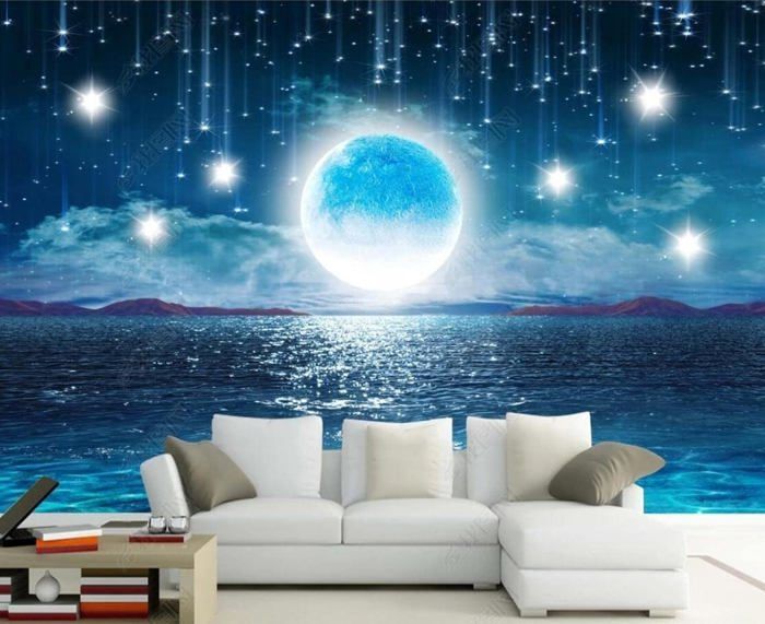 Papier Peint Panoramique Ciel De Nuit Esthétique Étoiles Pleine Lune ...
