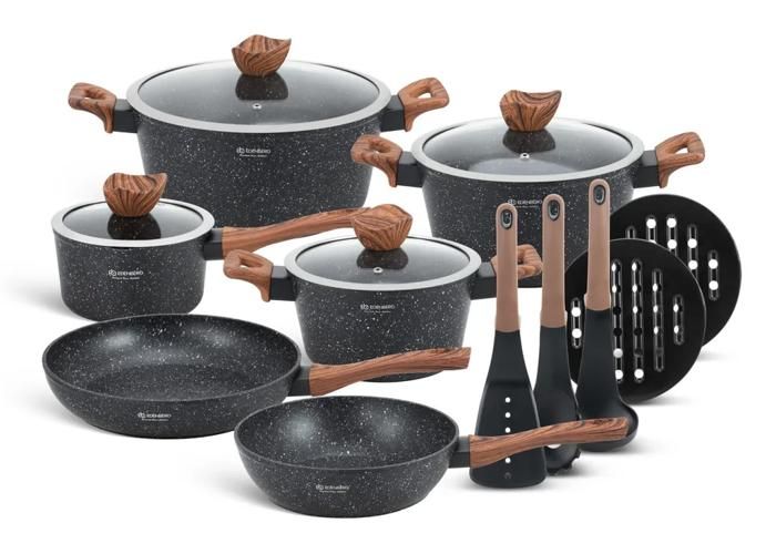 Set De 10 Casseroles En Céramique Marbrée Royalty Line - Bleu, Antiadhésif, Compatible Induction, Lave-vaisselle