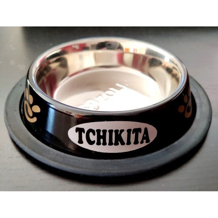 Meilleurs prix pour Gamelle en Inox antidérapante noire décorée personnalisée avec le nom de votre chien ou de votre chat. Modèle XS 250 ml