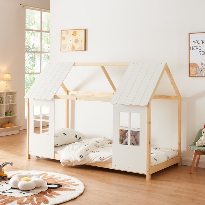 Lit cabane Tostedt pour enfant forme maison bois de pin 90 x 200 cm naturel blanc [en.casa]