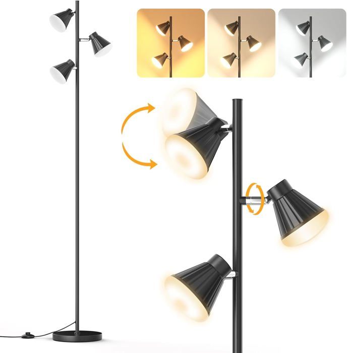 36W Led Intégré Lampadaire Sur Pied Salon, Moderne Lampadaire Led À 3 Lumières Avec Interrupteur