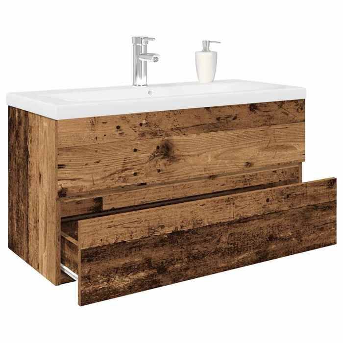 vidaXL Meuble lavabo avec bassin et robinet intégrés vieux bois armoire lavabo de salle de bain meuble de salle de bain 3328935