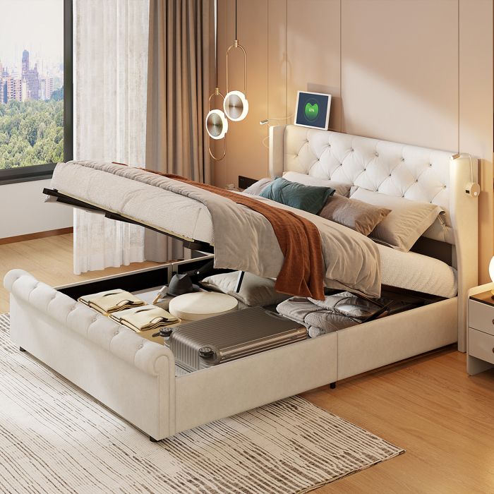 Lit coffre 140x190 cm - LUMINARIX - Tête de lit avec lampes et USB - Velours beige - 2 places