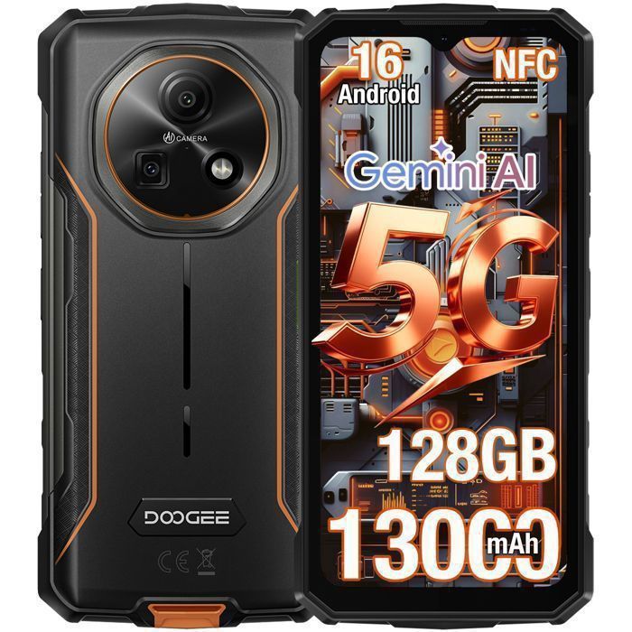 Doogee Fire 7 Smartphone 5G Robuste  256 Go ROM Caméra 64MP 6.6 écran Batterie 13000mAh Android 15 Double SIM NFC GPS - Orange