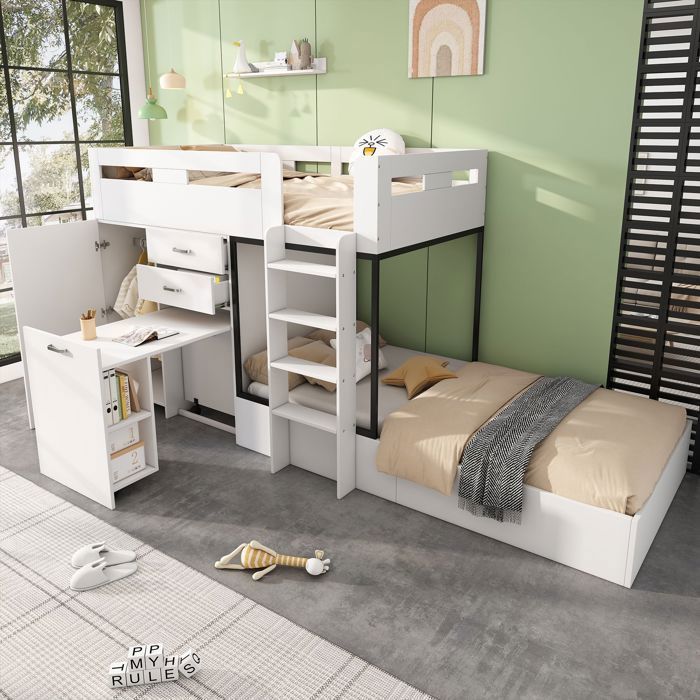 Lit superposé enfant 90*200 cm avec bureau coulissant et armoire avec tiroirs étagères et échelle - Blanc