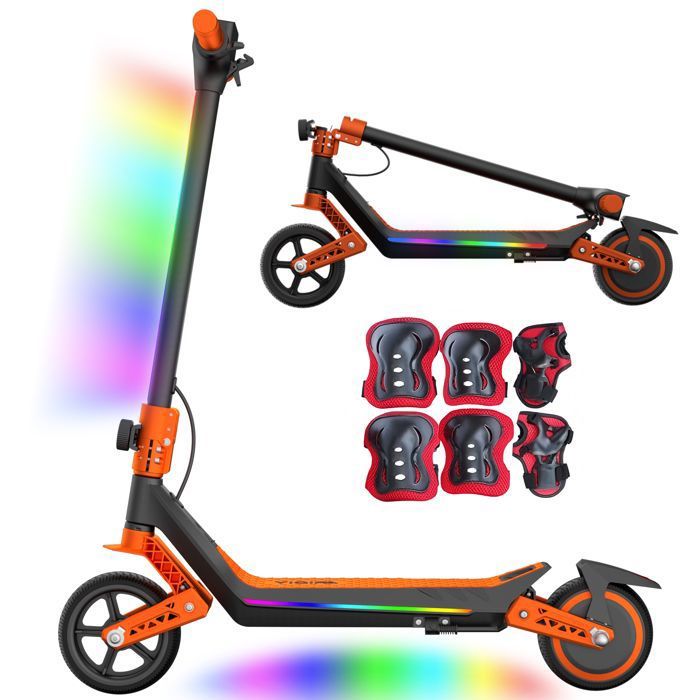 Trottinette Électrique Enfants - Écran LED - Double Suspension - Autonomie 10km - Roues 65 - Pliable - 130W - 24V26Ah - Orange