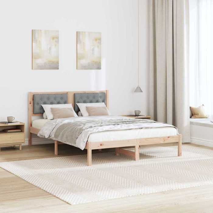 Structure de lit en pin massif - UU - Gris clair - 140x190 cm - Tête de lit rembourrée - Cadre à lattes - 2 personnes
