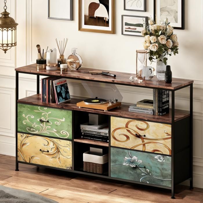 Commode avec 4 tiroirs en Tissu et éclairage LED Commode Chambre Meuble de Rangement avec étagères OuvertesColoré