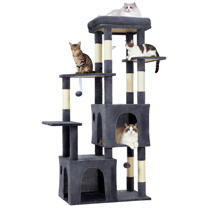Meilleurs prix pour Arbre à chat robuste 155 cm Multi-niveaux grands chats perchoir XL 2 niches poteaux à griffer en sisal jouets suspendusGris