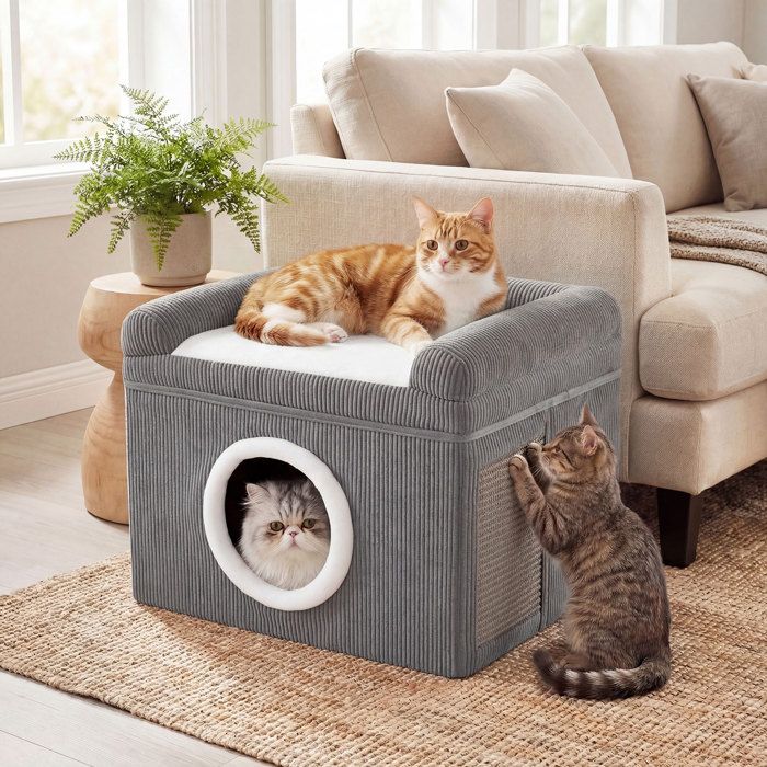 Maison Pliable pour Chats dIntérieur COSTWAY 49 x 41 x 39 CM Condo Tapis à Griffer en Sisal Coussin Fond Antidérapant Gris