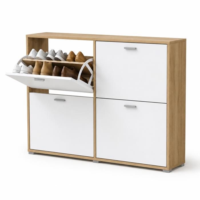 CATAVANA Meuble à Chaussures 24 Paires 4 Abattants Ultra Slim 235 cm Gain de Place Entrée Bois Clair et Blanc 118x235x75 cm