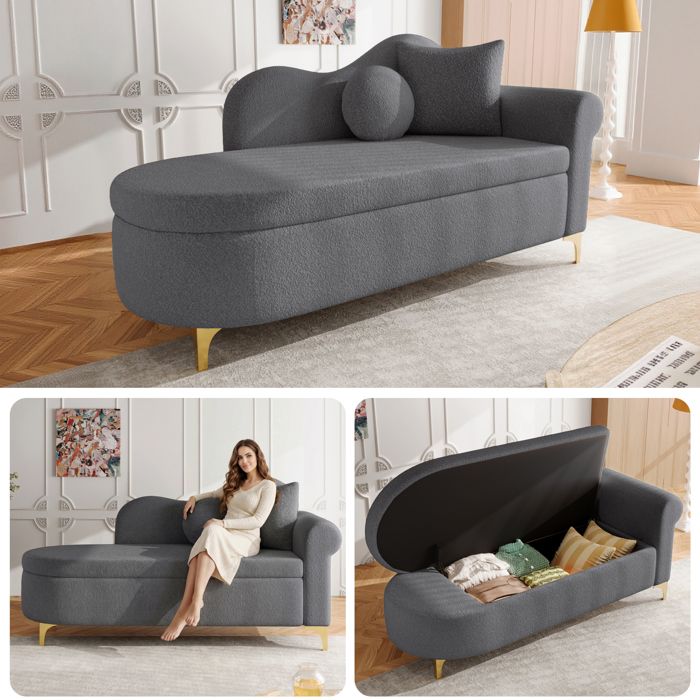 Fauteuil relax avec rangementChaise longue 134cm en tissu Teddy Plushmodernedossier en forme dondeavec coussinGris