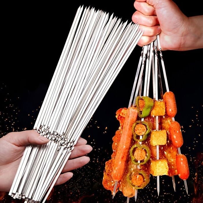 50 brochettes de barbecue réutilisables en acier inoxydable – Idéales pour les grillades les kebabs et le camping
