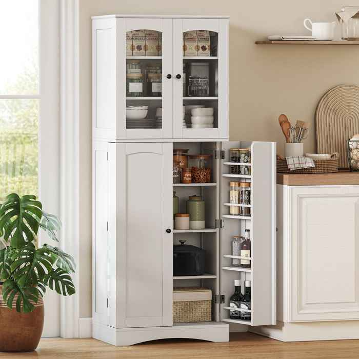 Buffet haut cuisine vaisselier vitrine en acrylique 4 portes 10 compartiments 8 porte-racks 60 x 40 x 162 cm blanc