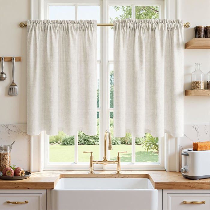 Rideau Cuisine Court Lin Effet Ivoire Blanc - Brise-Bise Semi-Transparent 60x60 cm - 2 Pièces avec Passe Tringle pour Meuble Bas