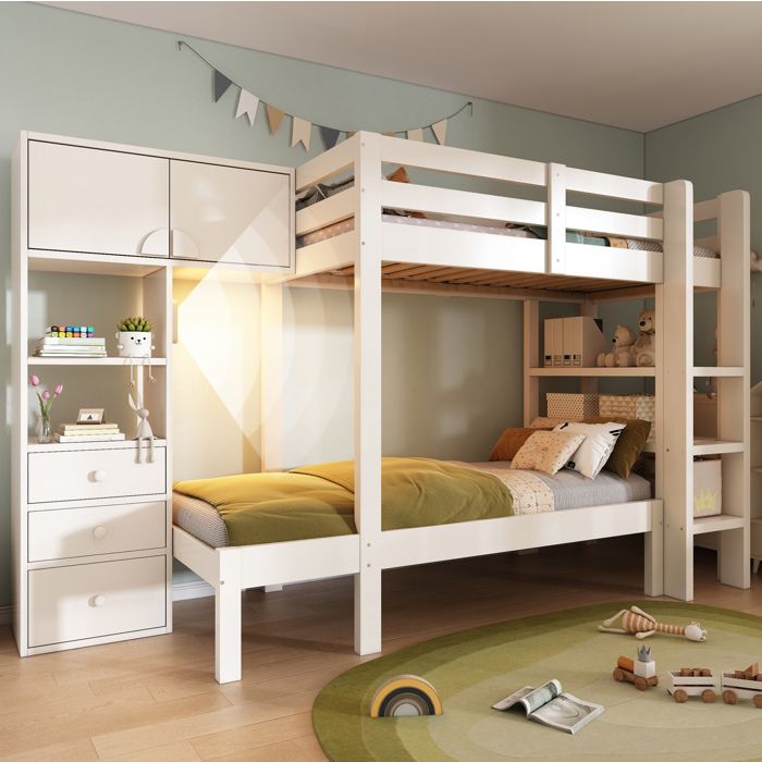 ULEVR Lit superposé décalé 90 x 200 cm blanc avec rangements intégrés tiroirs étagères et veilleuse LED