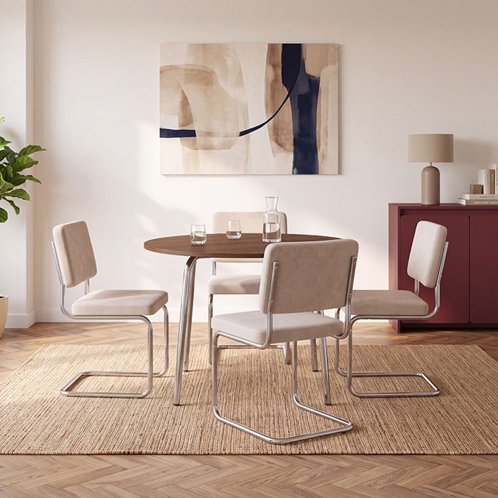 Ensemble repas table VASSI effet noyer et 4 chaises JACK tissu écru - Bois foncé Ensemble repas table VASSI effet noyer et 4 chaises JACK tissu écru - Bois foncé